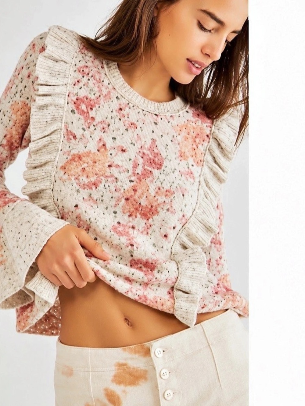 Free People Love Fool Floral Ruffle Pullover Sweater Cream Pink Size M